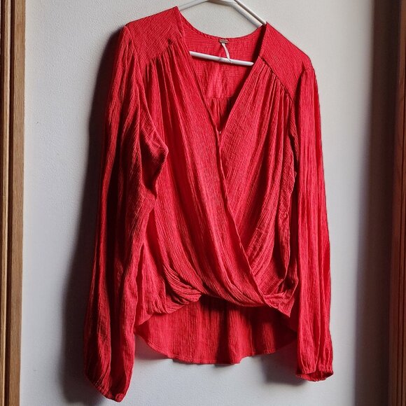 Free People Bright Red/Orange V-Neck Crossover Blouse Size Medium - Picture 3 of 16